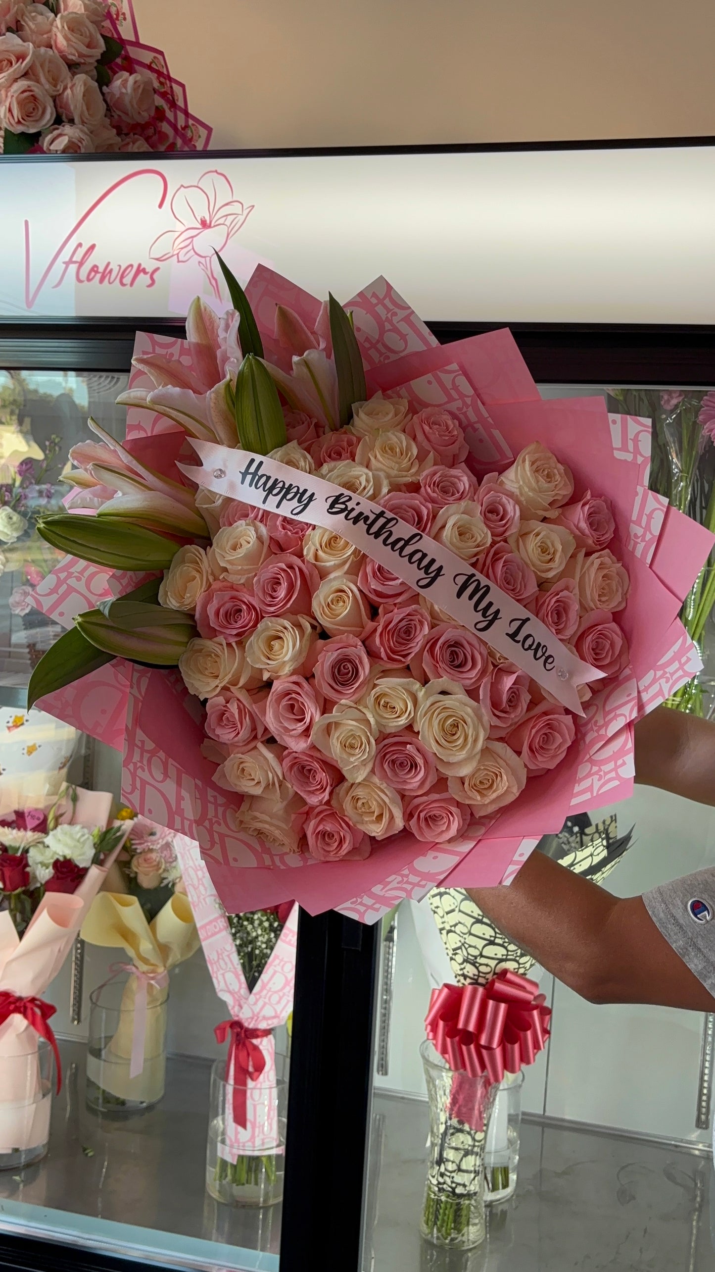Heart shaped Roses & Lilies