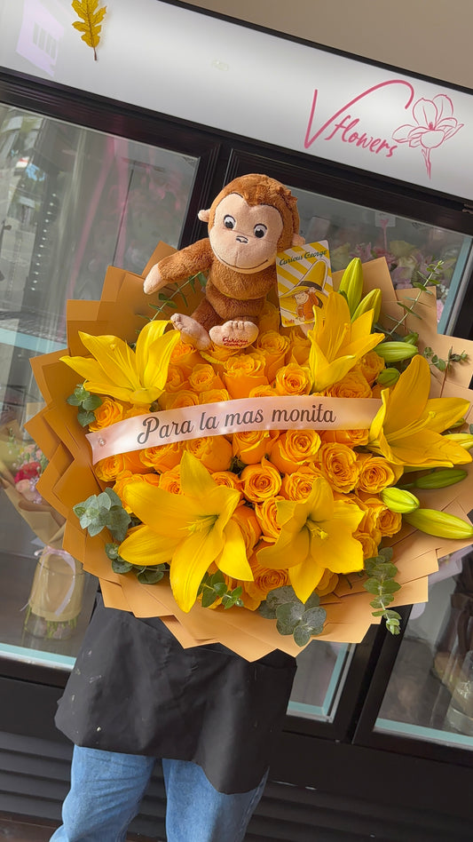 Curious George Yellow Roses bouquet 💛 50 roses